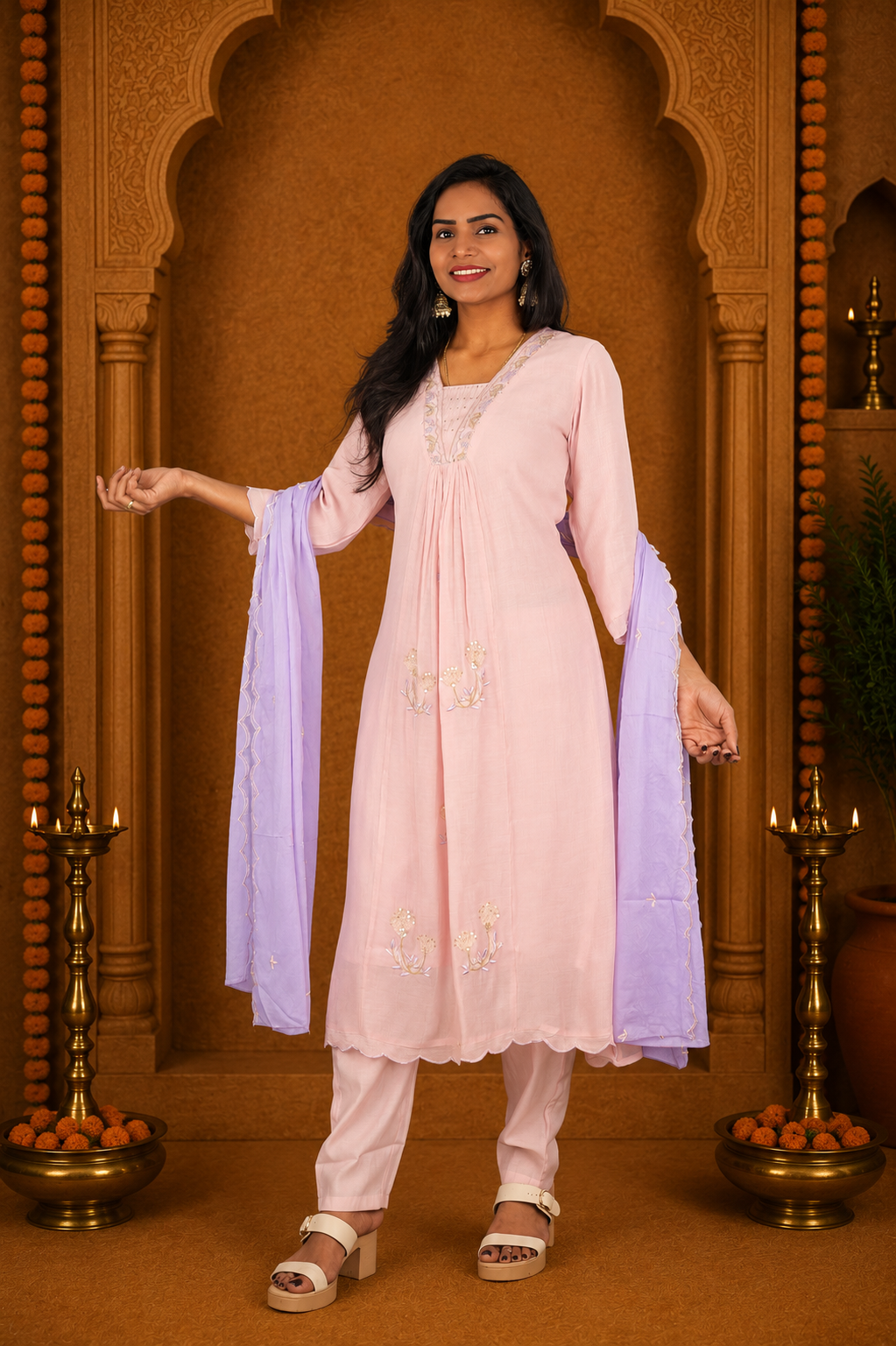 Dusty Pink Crushed Mul Cotton Stylish 3 Piece Set With Lining and Contrast Dupatta