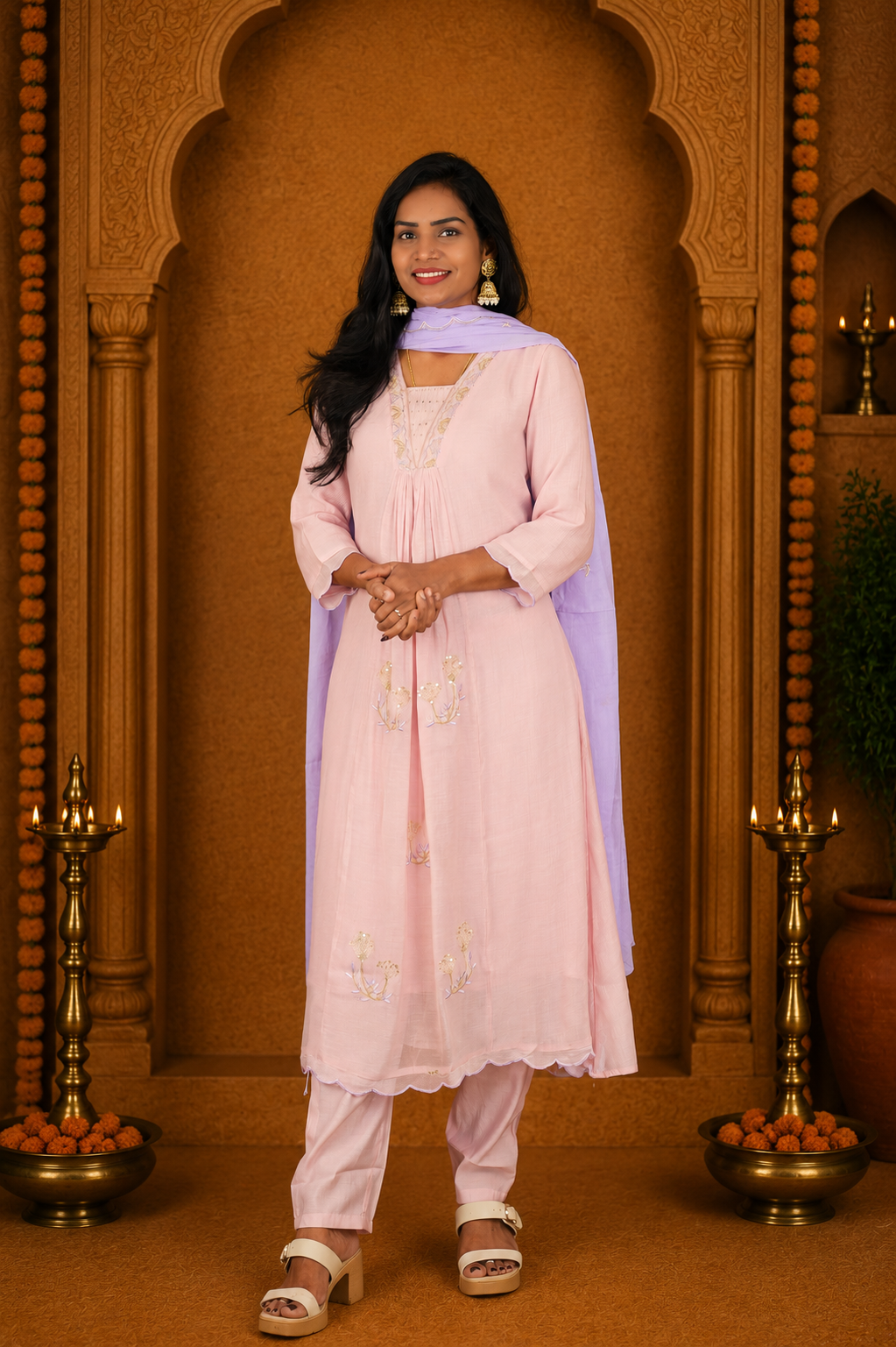 Dusty Pink Crushed Mul Cotton Stylish 3 Piece Set With Lining and Contrast Dupatta