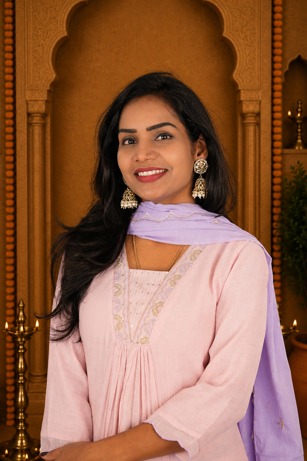 Dusty Pink Crushed Mul Cotton Stylish 3 Piece Set With Lining and Contrast Dupatta