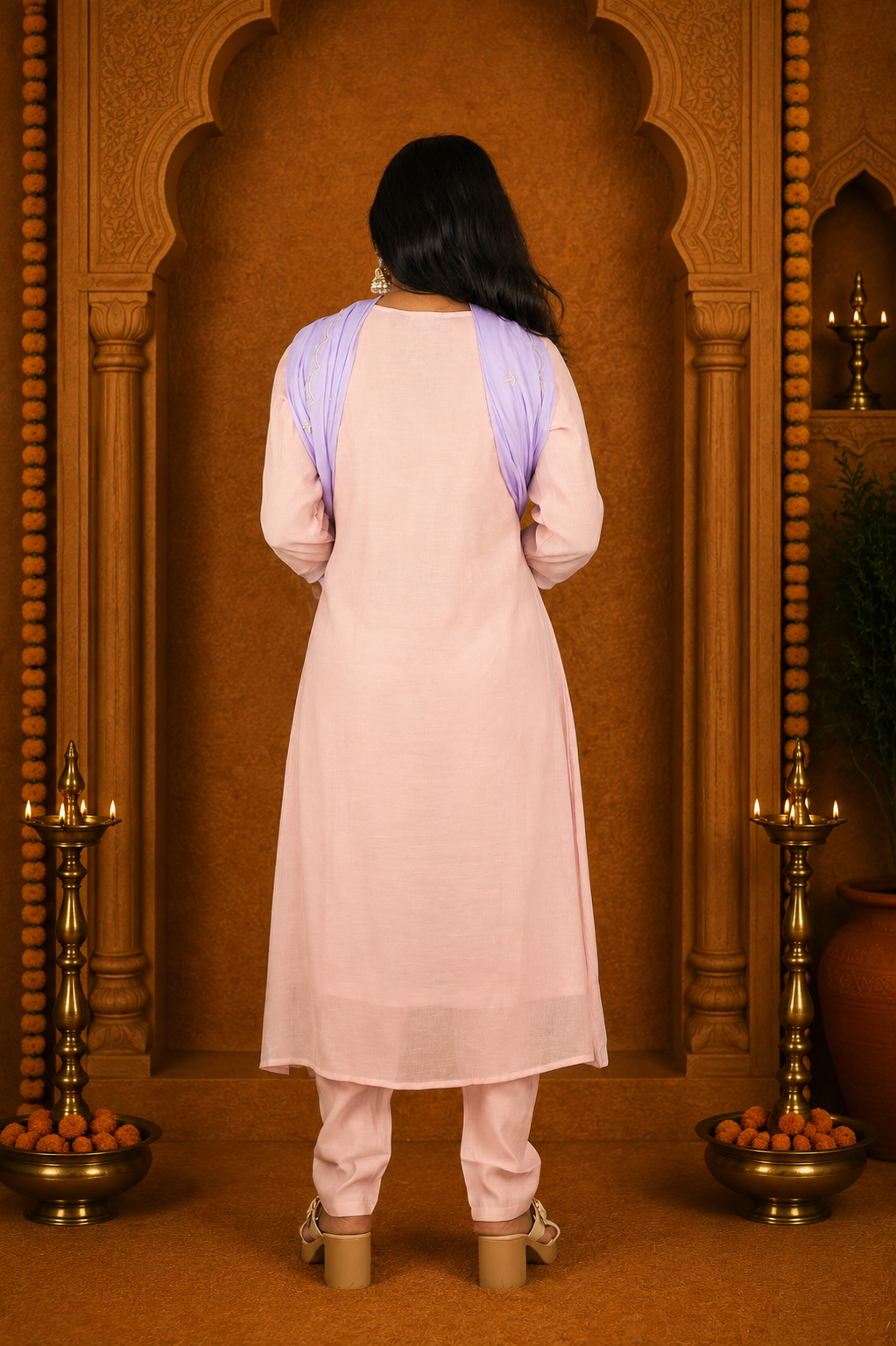 Dusty Pink Crushed Mul Cotton Stylish 3 Piece Set With Lining and Contrast Dupatta
