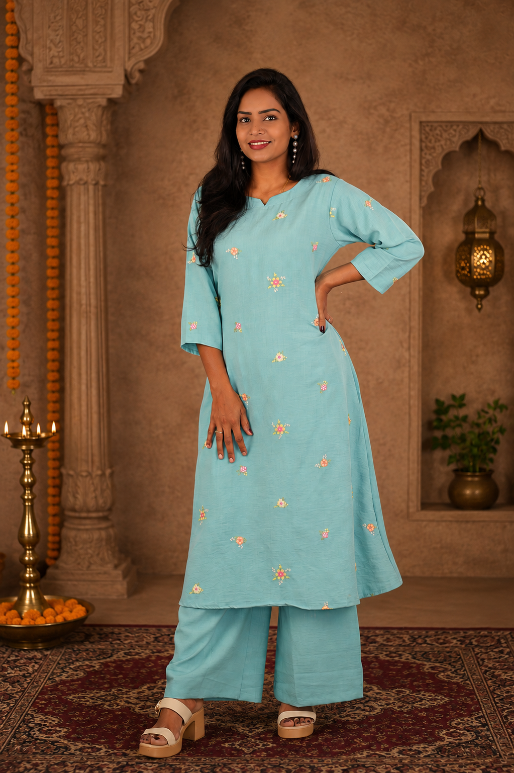 Sage Green German Cotton Cordset with Embroidery Work and Palazzo Pant
