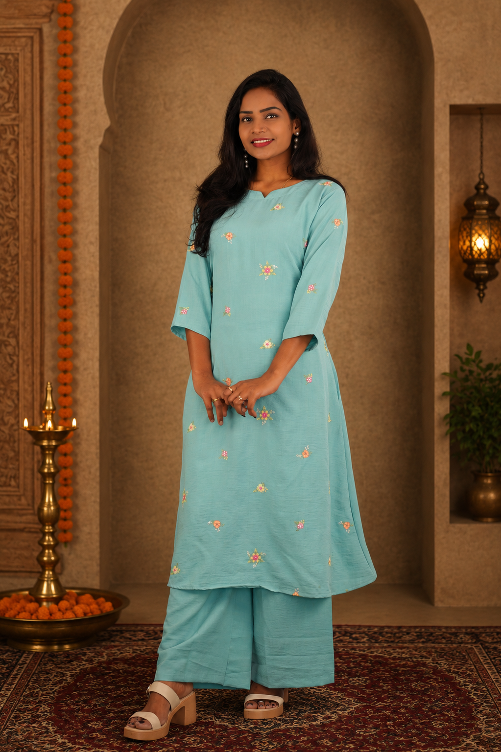 Sage Green German Cotton Cordset with Embroidery Work and Palazzo Pant