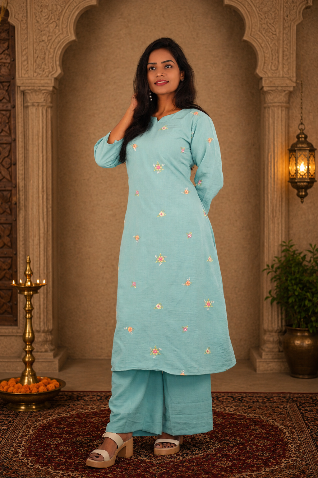 Sage Green German Cotton Cordset with Embroidery Work and Palazzo Pant
