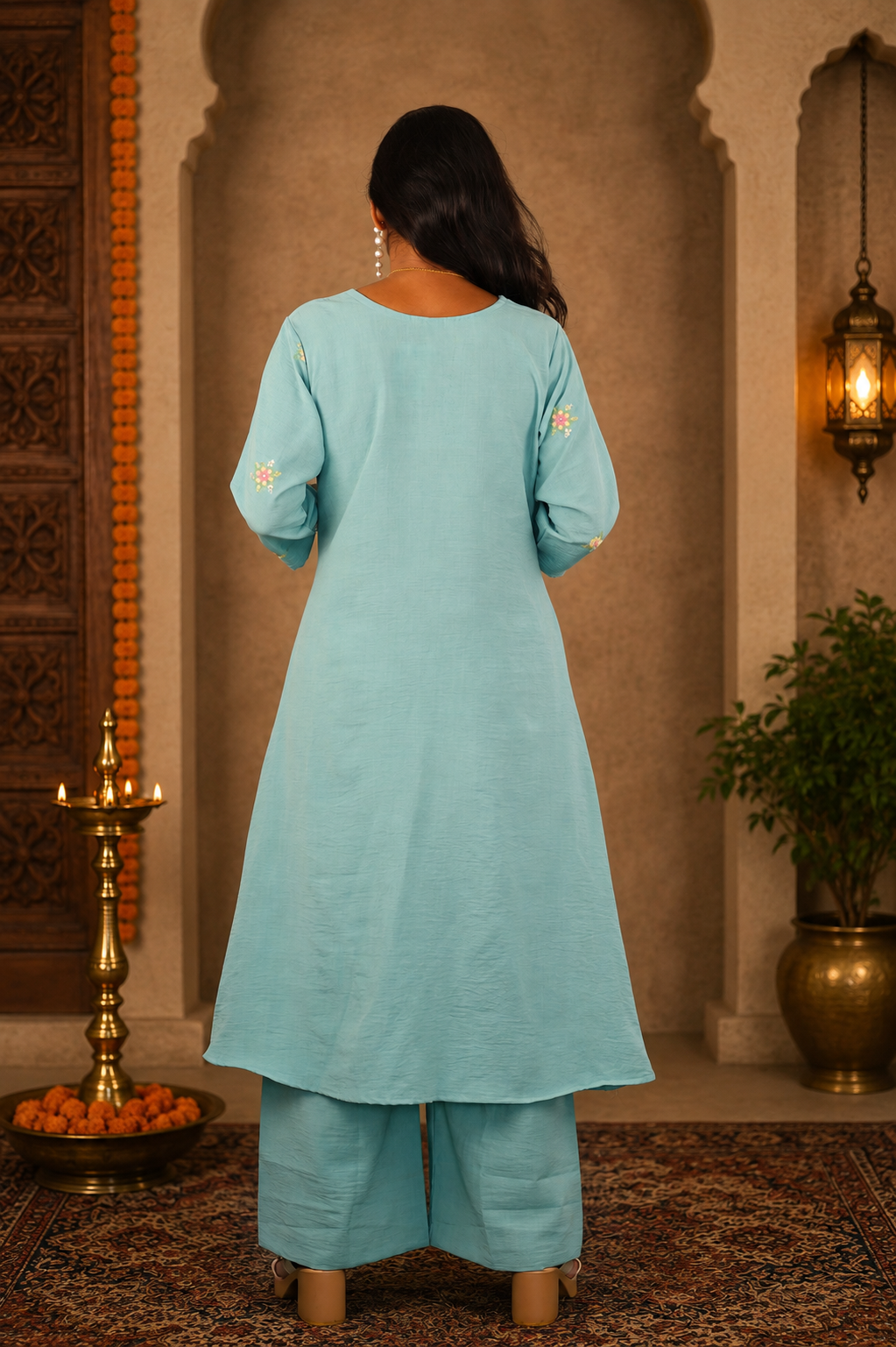 Sage Green German Cotton Cordset with Embroidery Work and Palazzo Pant