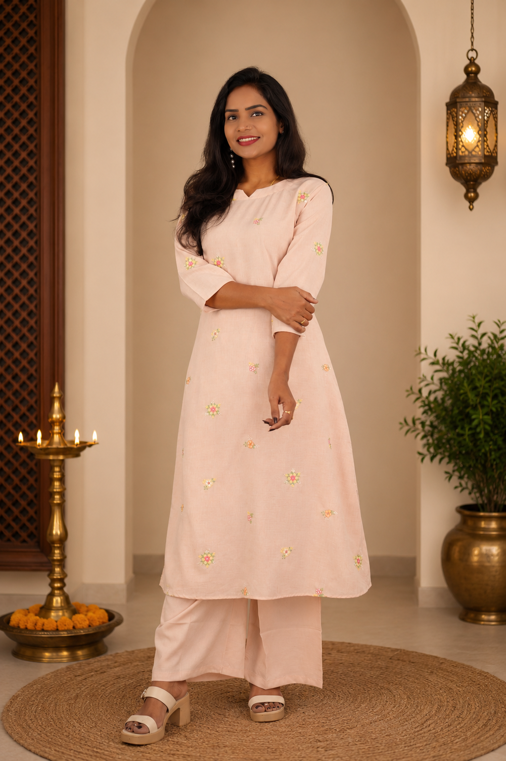 Blush Peach German Cotton Cord Set with Embroidery Work