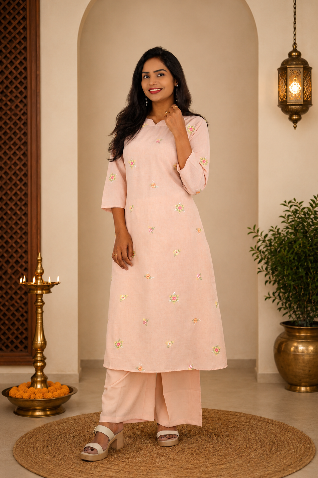 Blush Peach German Cotton Cord Set with Embroidery Work