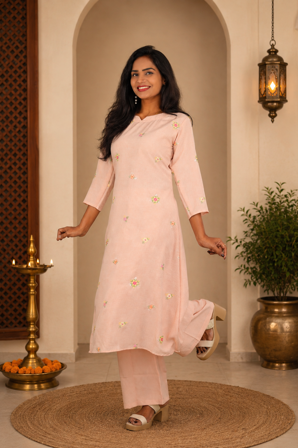 Blush Peach German Cotton Cord Set with Embroidery Work