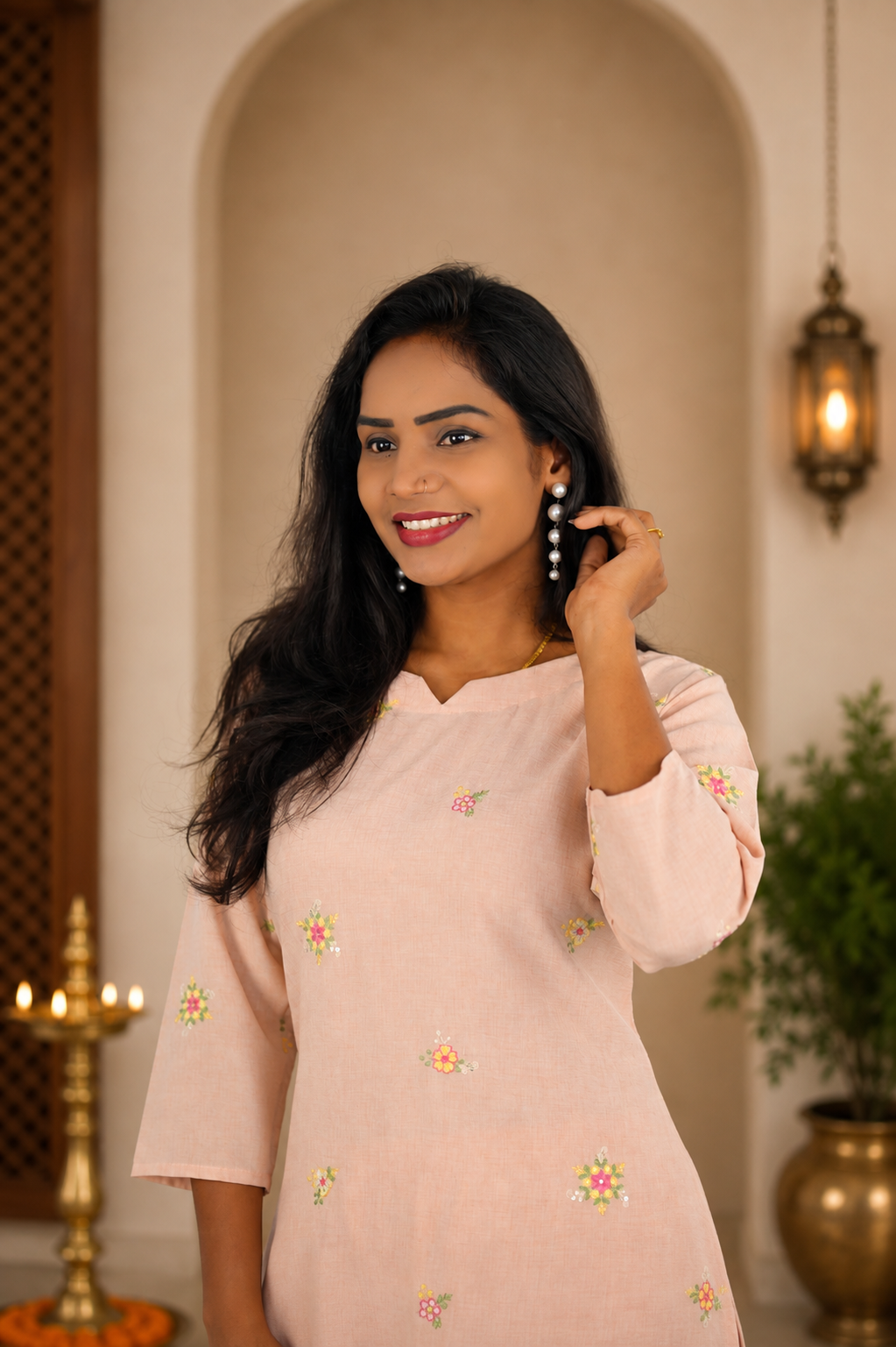 Blush Peach German Cotton Cord Set with Embroidery Work