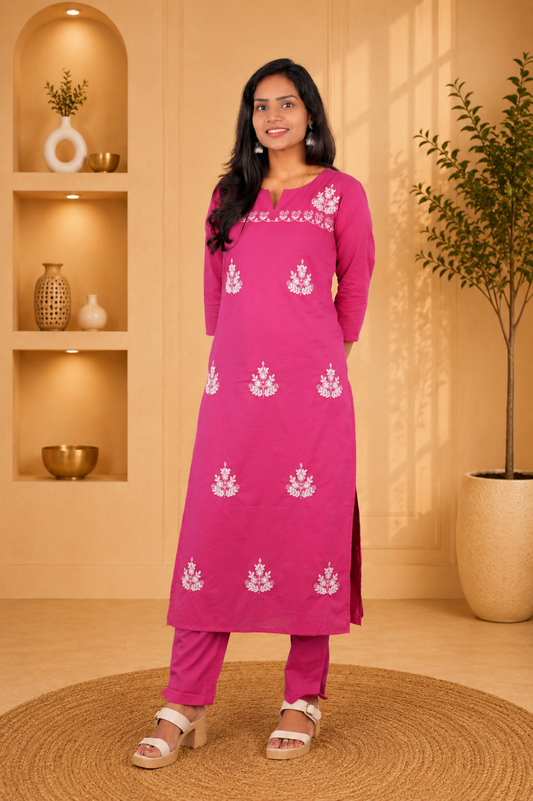 Pink Color Jaipur Cotton Cord Set With Embroidery Work and Complete Lining