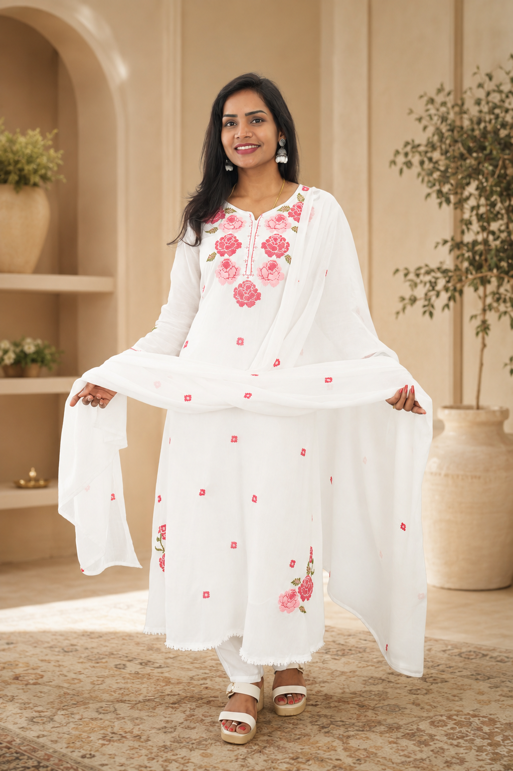 White Color Mul Cotton 3 Piece Set With Embroidery work and Complete Lining