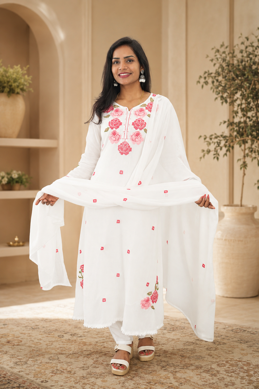 White Color Mul Cotton 3 Piece Set With Embroidery work and Complete Lining