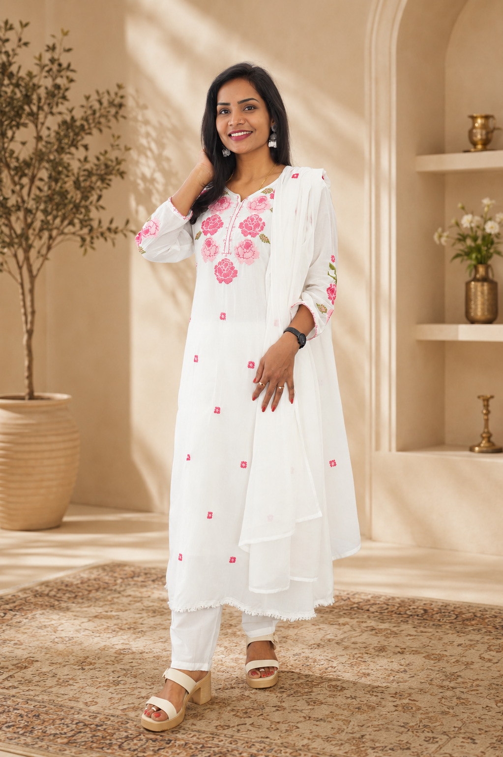 White Color Mul Cotton 3 Piece Set With Embroidery work and Complete Lining