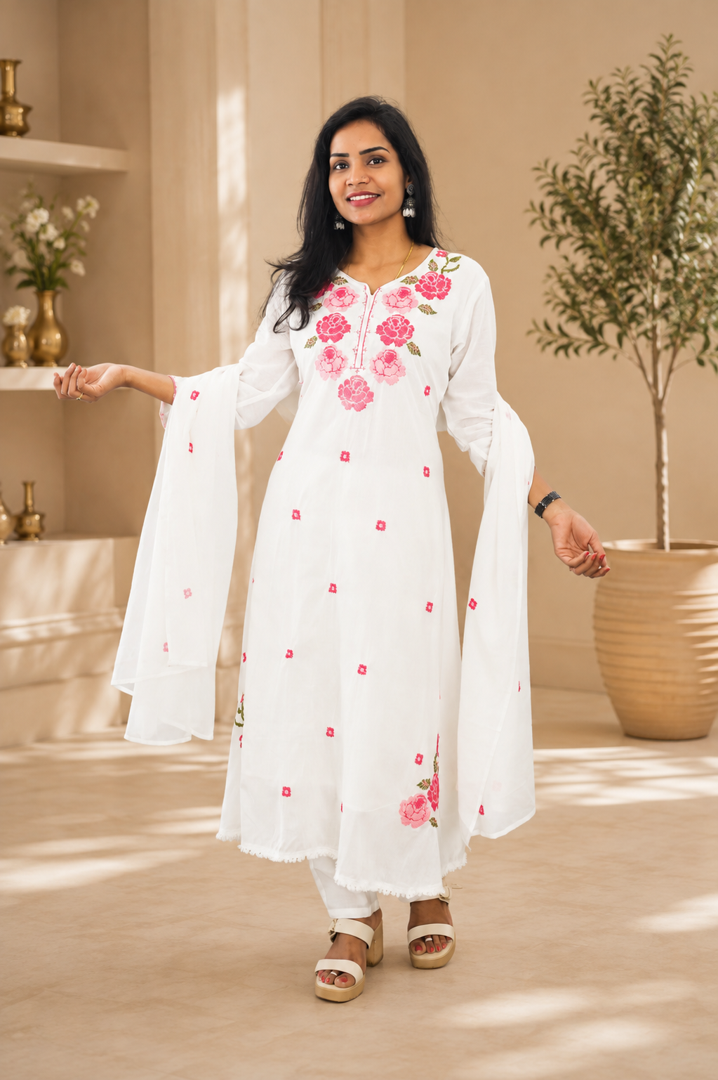 White Color Mul Cotton 3 Piece Set With Embroidery work and Complete Lining