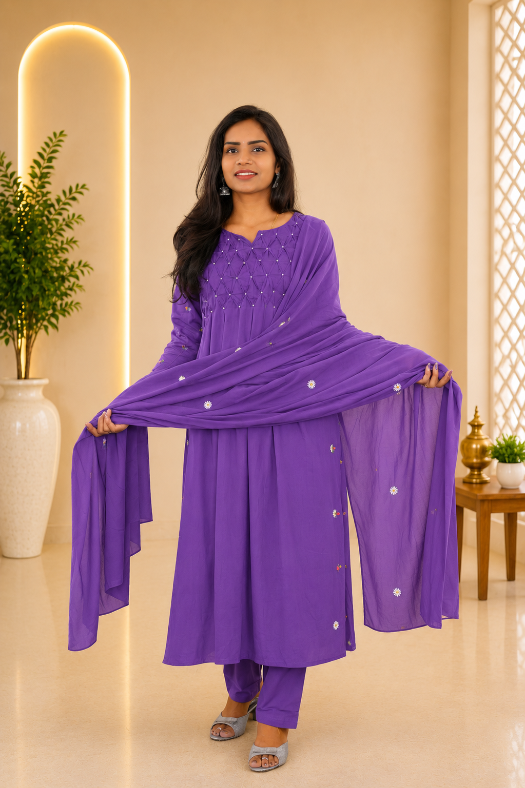 Lavender Color Mul Cotton Designer 3 Piece set With Complete Lining