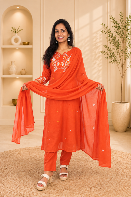 Orange Color Mul Cotton 3 Piece Set With Heavy Embroidery work and Complete Lining