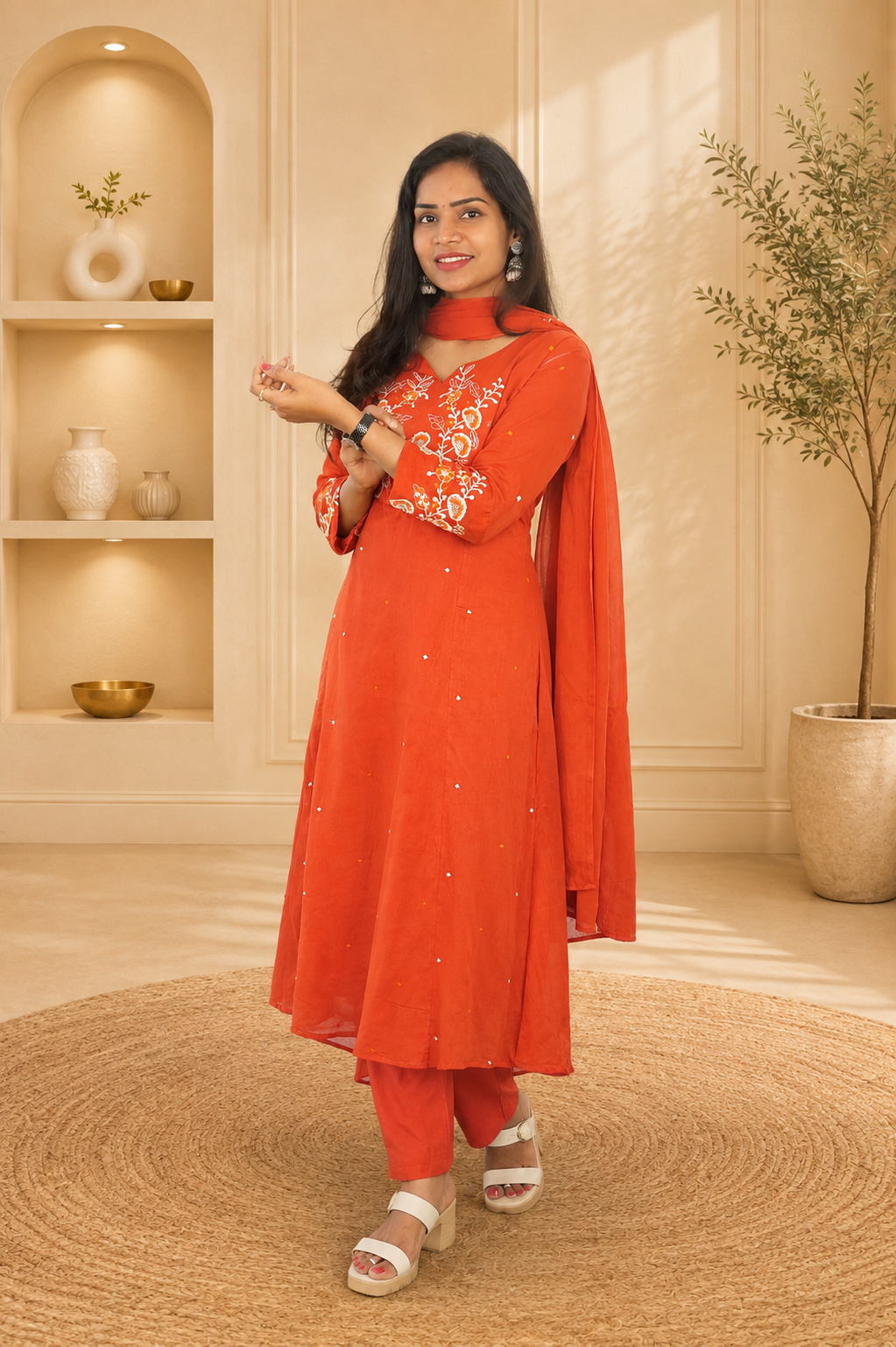 Orange Color Mul Cotton 3 Piece Set With Heavy Embroidery work and Complete Lining