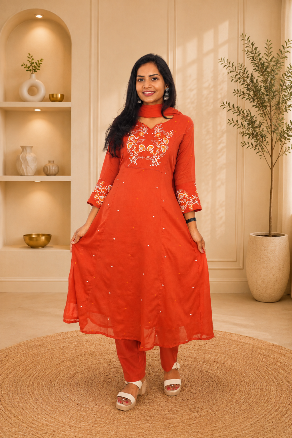 Orange Color Mul Cotton 3 Piece Set With Heavy Embroidery work and Complete Lining