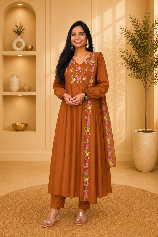 Brown Mul chanderi 3 Piece Set With Lining and Embroidery work