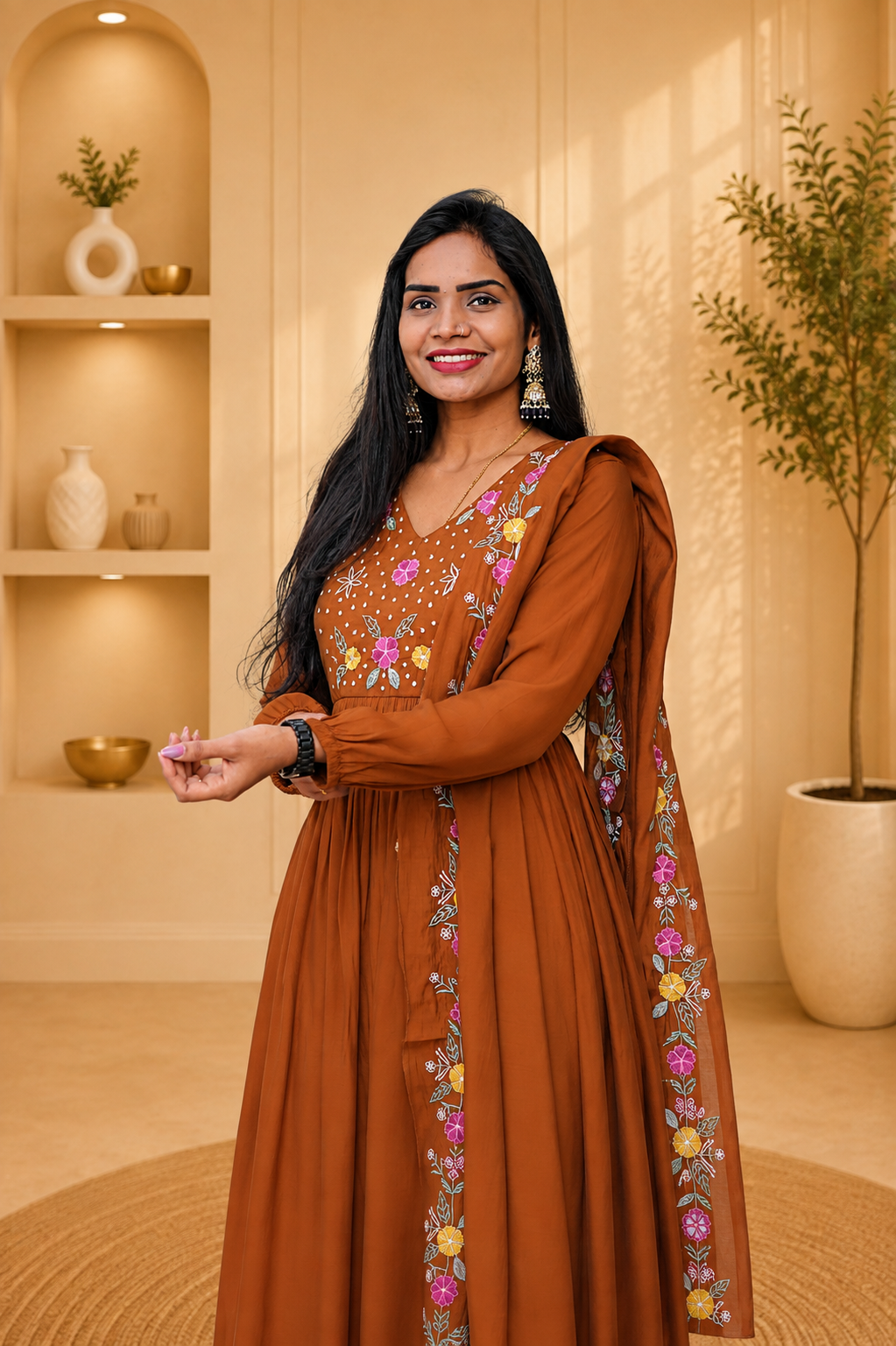 Brown Mul chanderi 3 Piece Set With Lining and Embroidery work