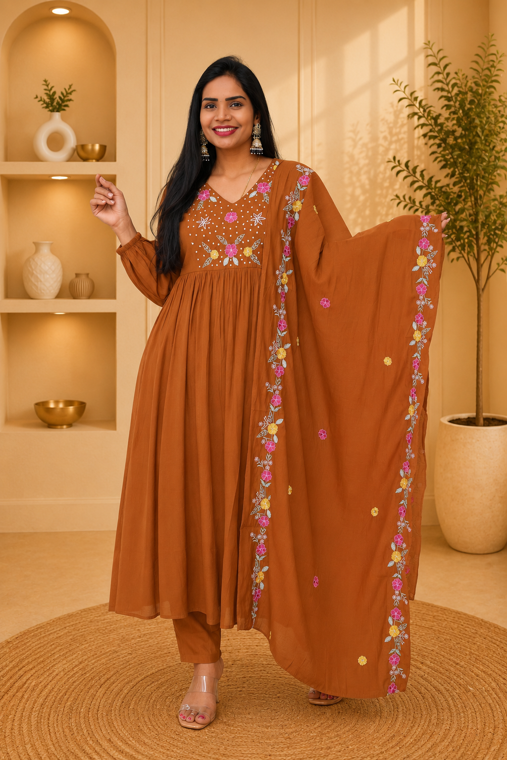 Brown Mul chanderi 3 Piece Set With Lining and Embroidery work