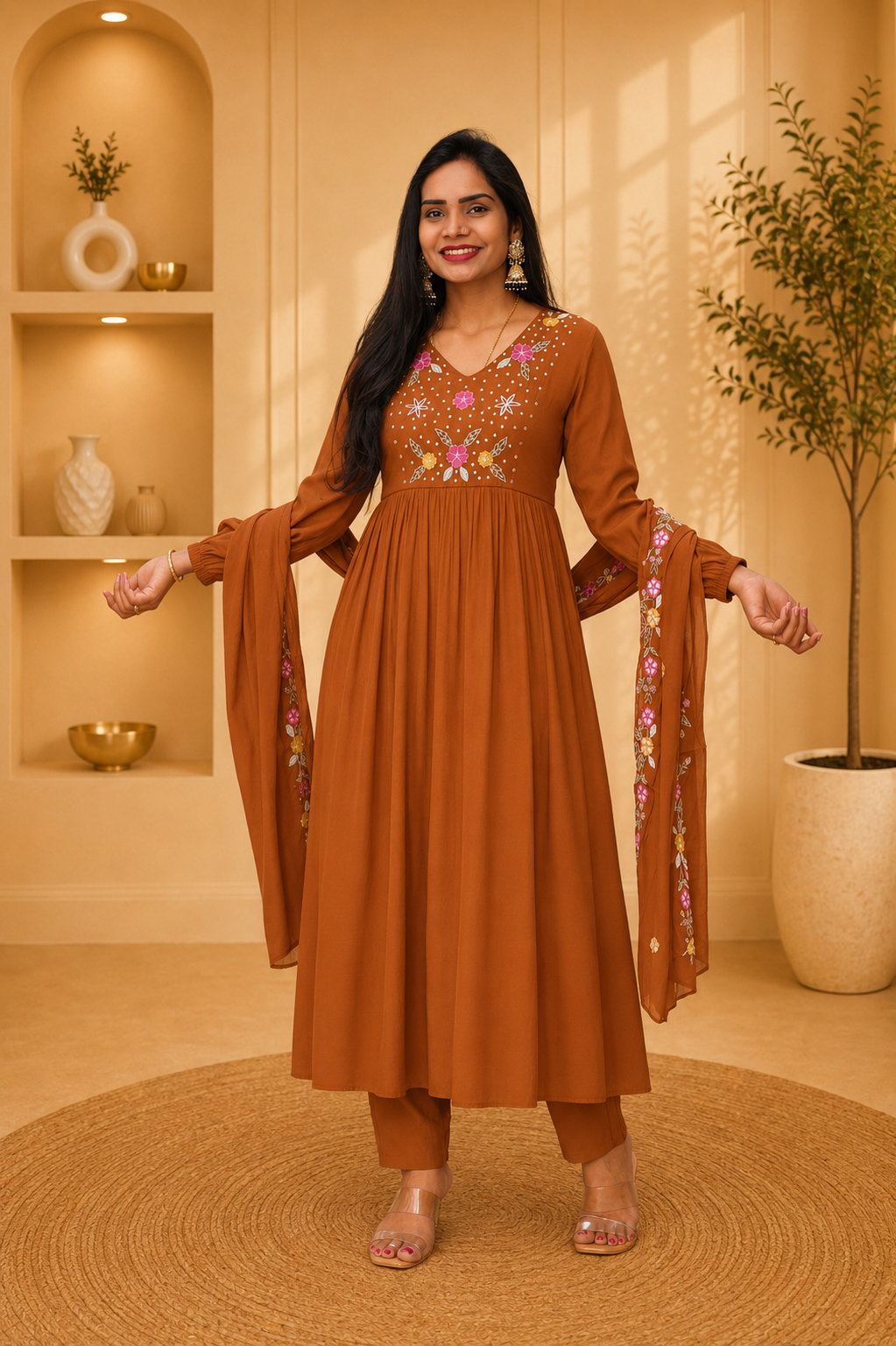 Brown Mul chanderi 3 Piece Set With Lining and Embroidery work