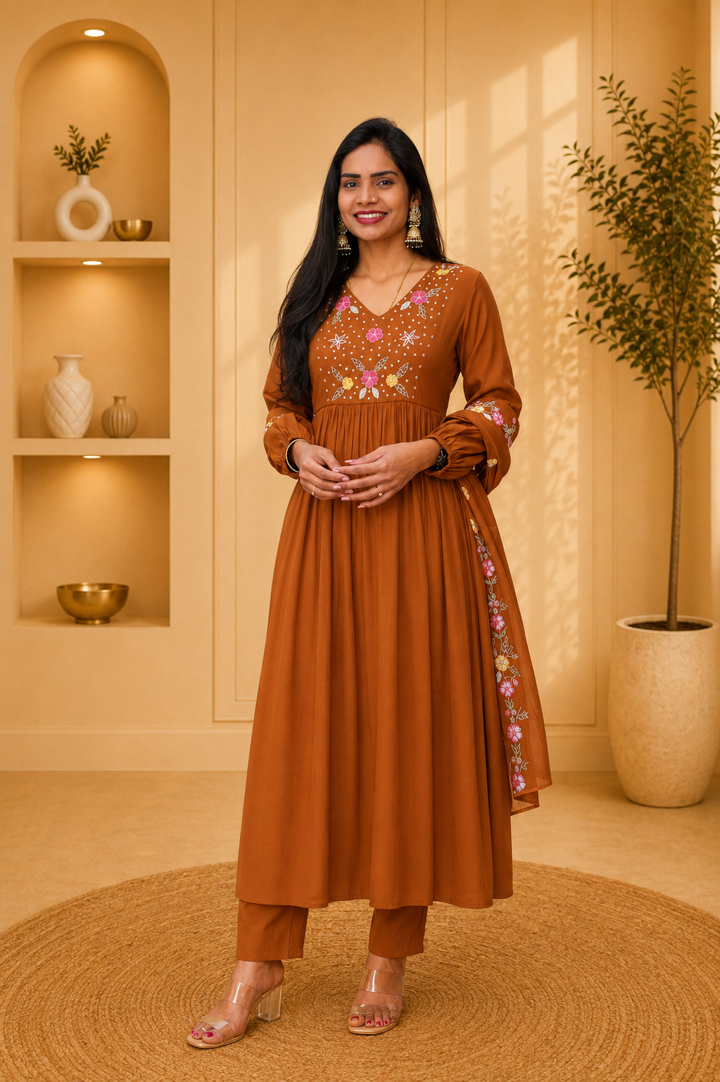 Brown Mul chanderi 3 Piece Set With Lining and Embroidery work