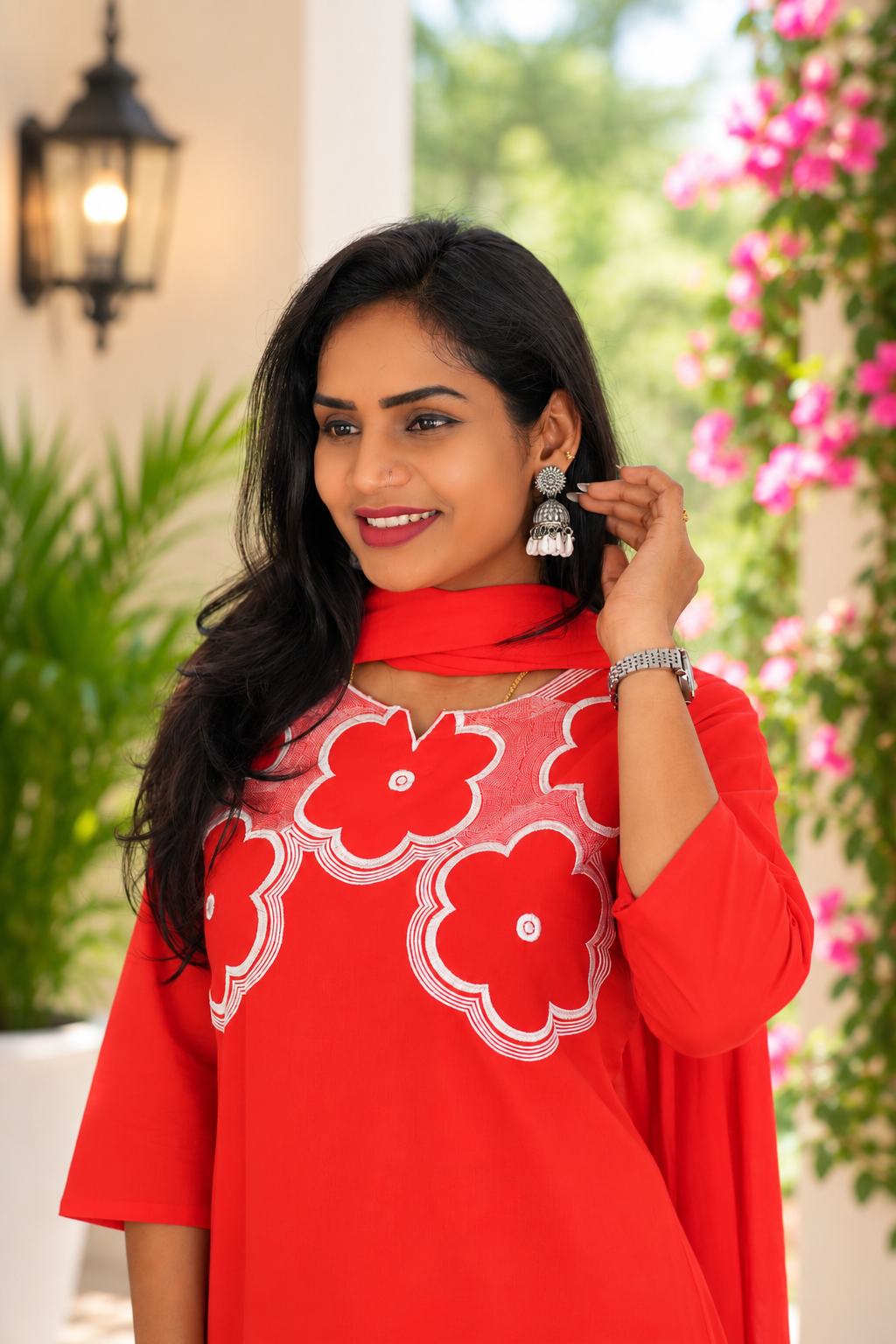 Bright Red Jaipur Cotton Designer Embroidered 3 Piece Set With Lining