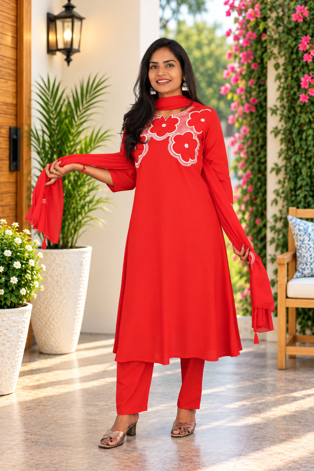 Bright Red Jaipur Cotton Designer Embroidered 3 Piece Set With Lining