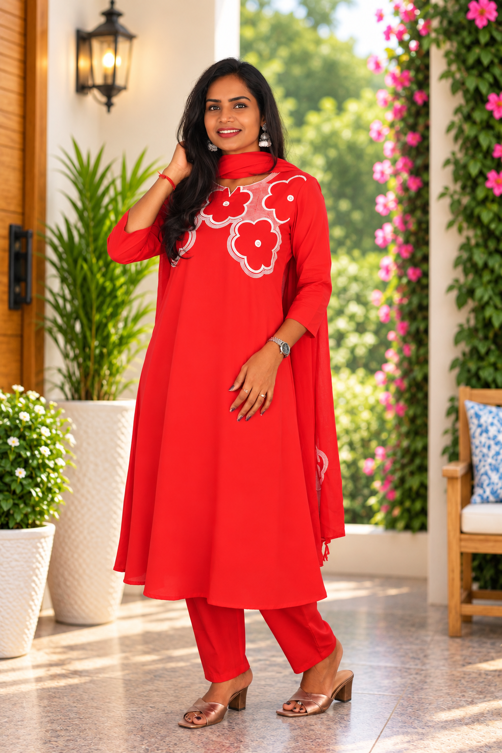 Bright Red Jaipur Cotton Designer Embroidered 3 Piece Set With Lining