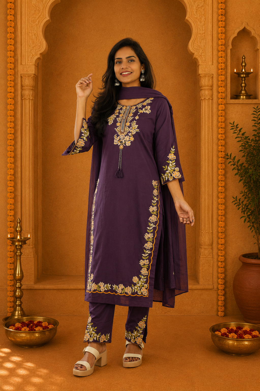 Dark Plum Jaipur Cotton 3 Piece Set With heavy Embroidery Work and Complete Lining