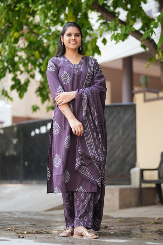 Purple Color Straight Cut V Neck Cotton 3 Piece Set