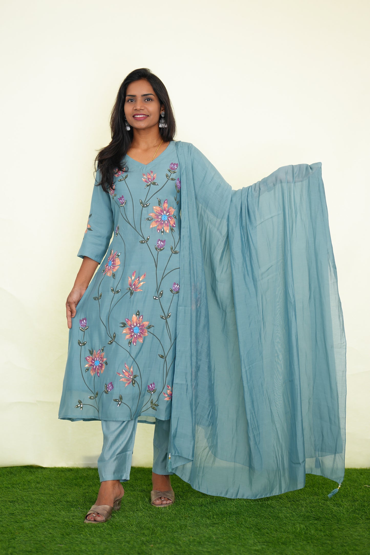 Ice Blue Color Mul chanderi Festive 3 Piece Set With Complete Lining