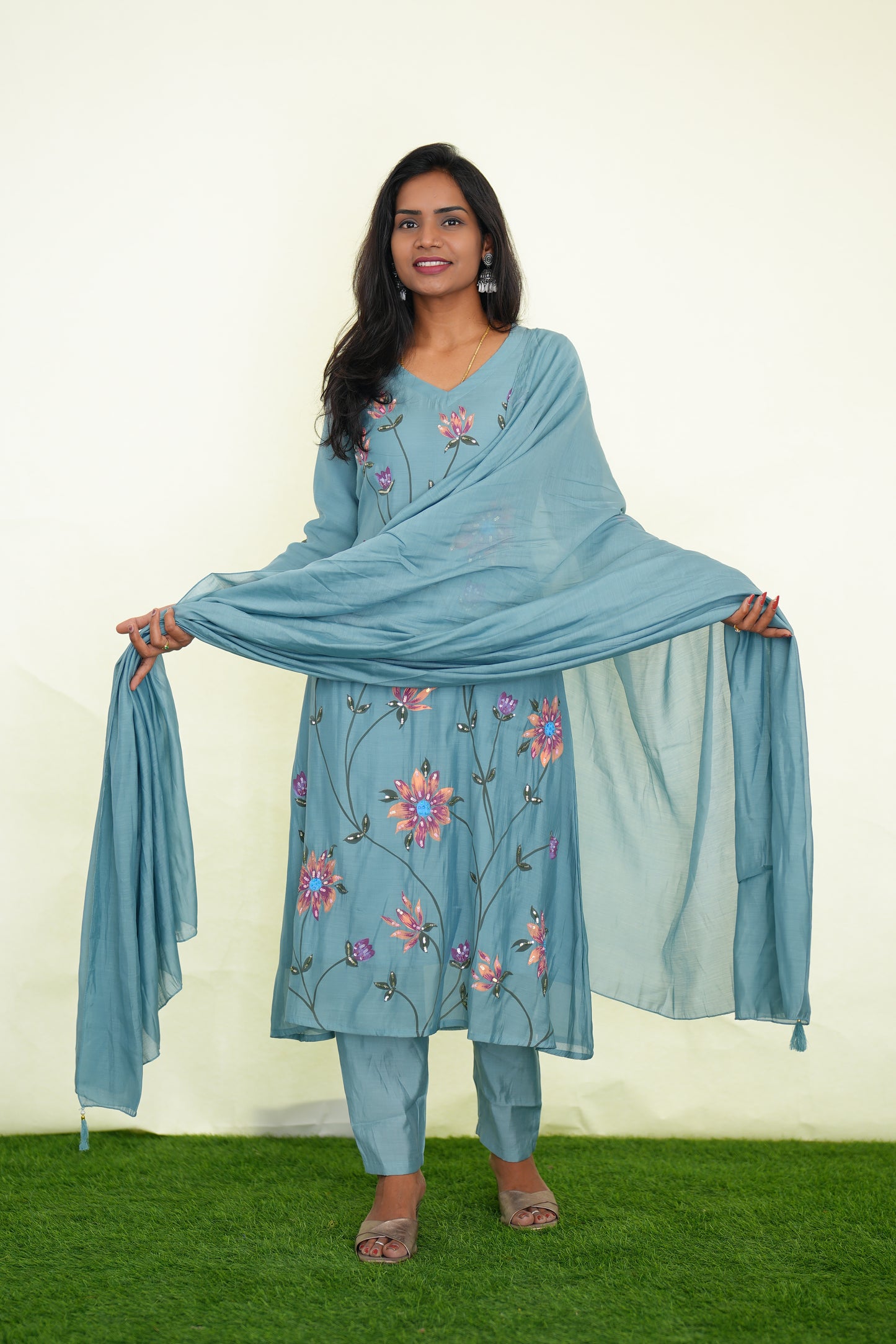 Ice Blue Color Mul chanderi Festive 3 Piece Set With Complete Lining