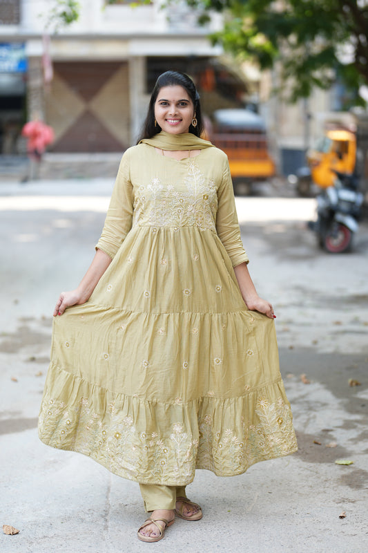 Pure Mul Mul Cotton 3 Piece Anarkali Set With Complete Lining