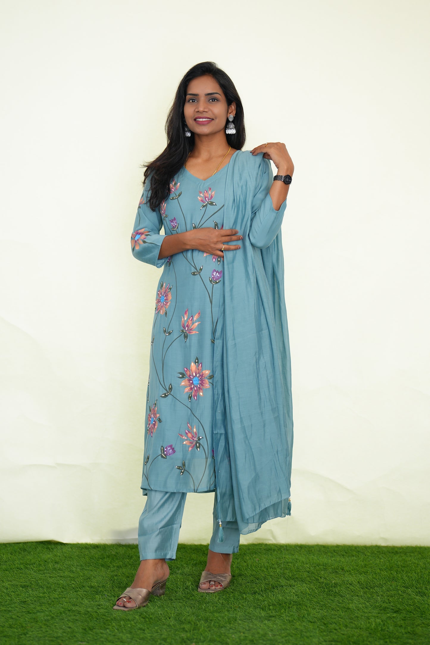 Ice Blue Color Mul chanderi Festive 3 Piece Set With Complete Lining