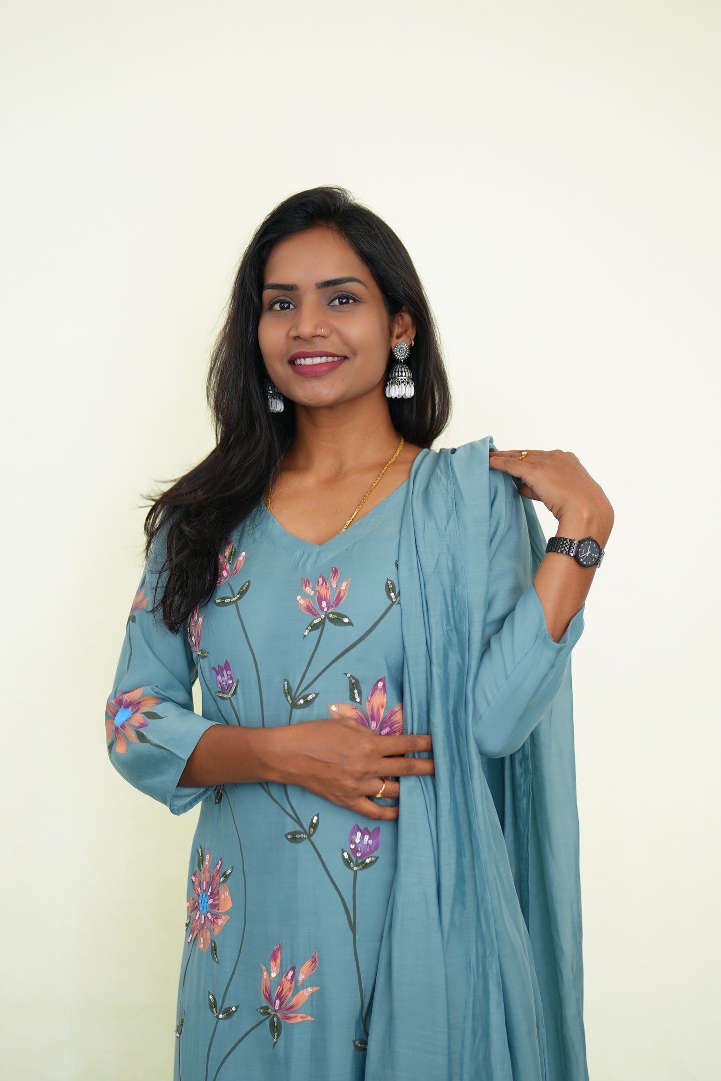 Ice Blue Color Mul chanderi Festive 3 Piece Set With Complete Lining