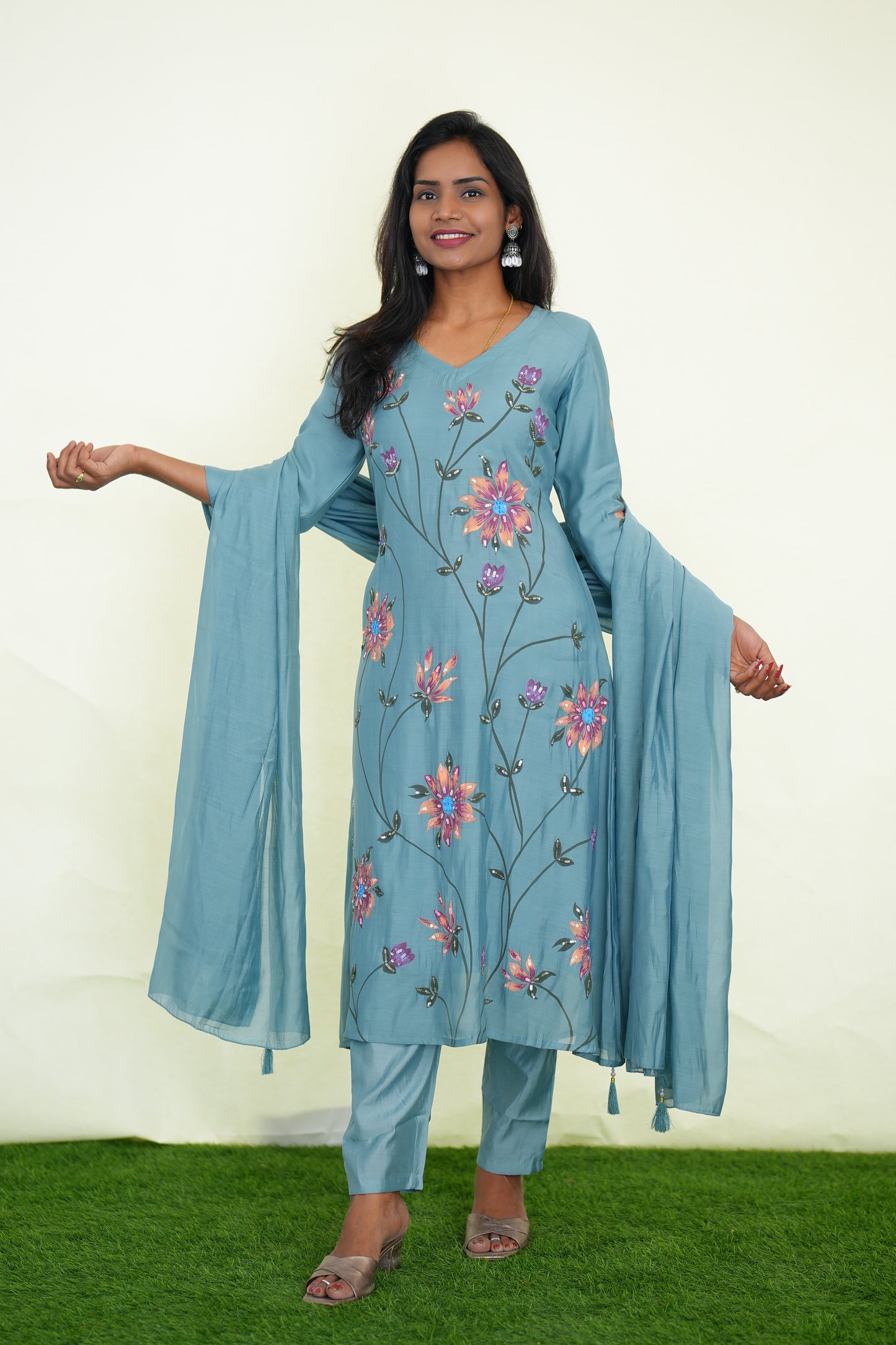 Ice Blue Color Mul chanderi Festive 3 Piece Set With Complete Lining