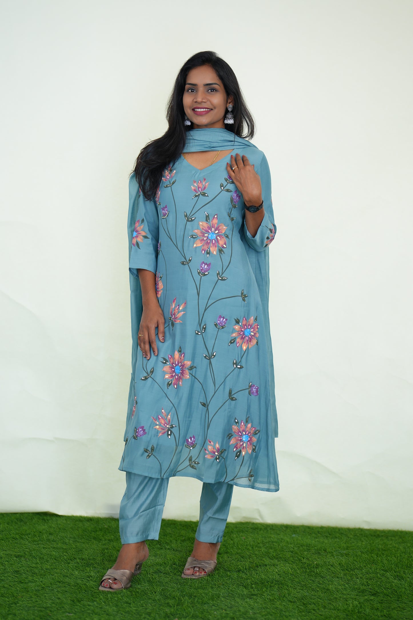 Ice Blue Color Mul chanderi Festive 3 Piece Set With Complete Lining