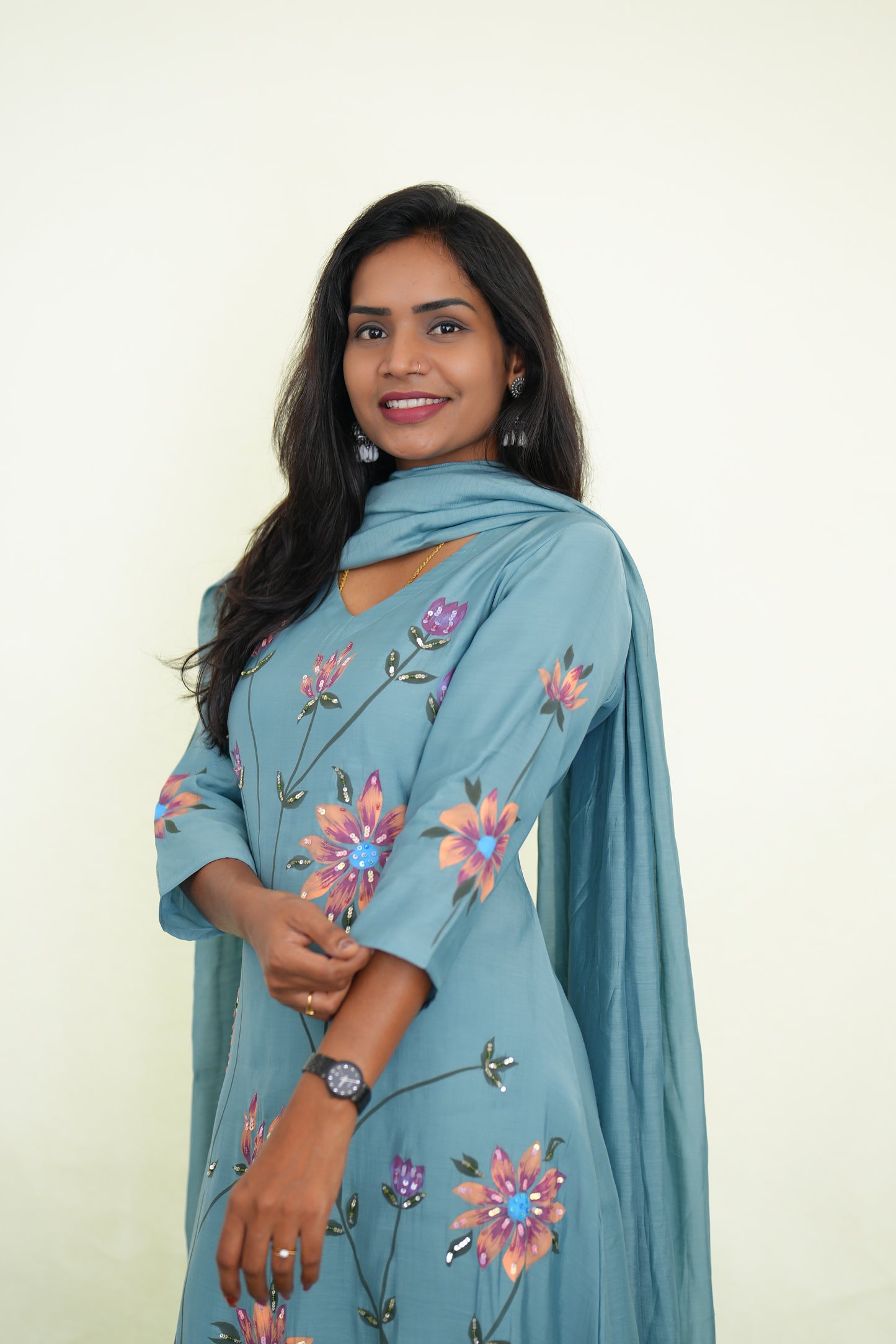 Ice Blue Color Mul chanderi Festive 3 Piece Set With Complete Lining