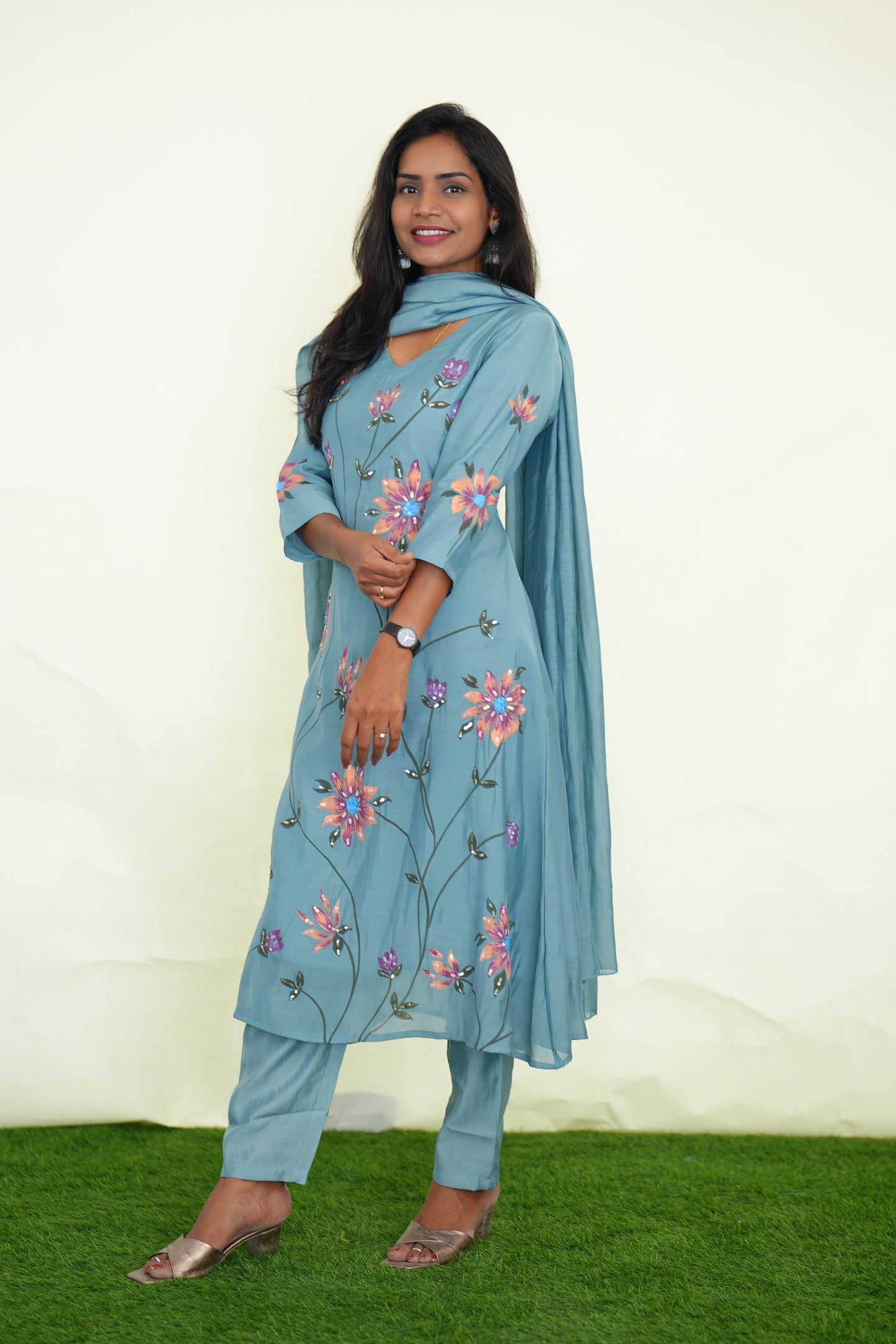 Ice Blue Color Mul chanderi Festive 3 Piece Set With Complete Lining