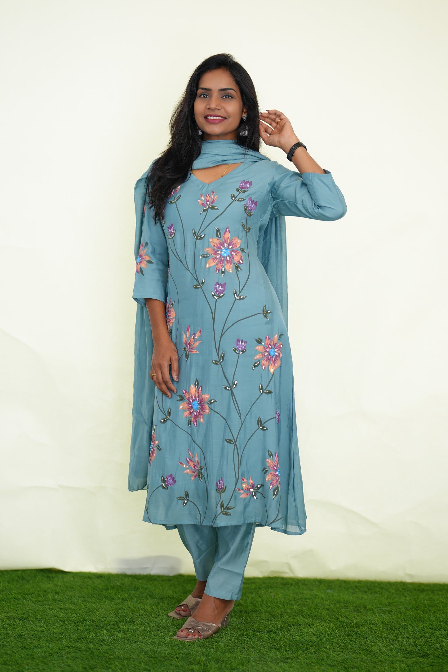 Ice Blue Color Mul chanderi Festive 3 Piece Set With Complete Lining
