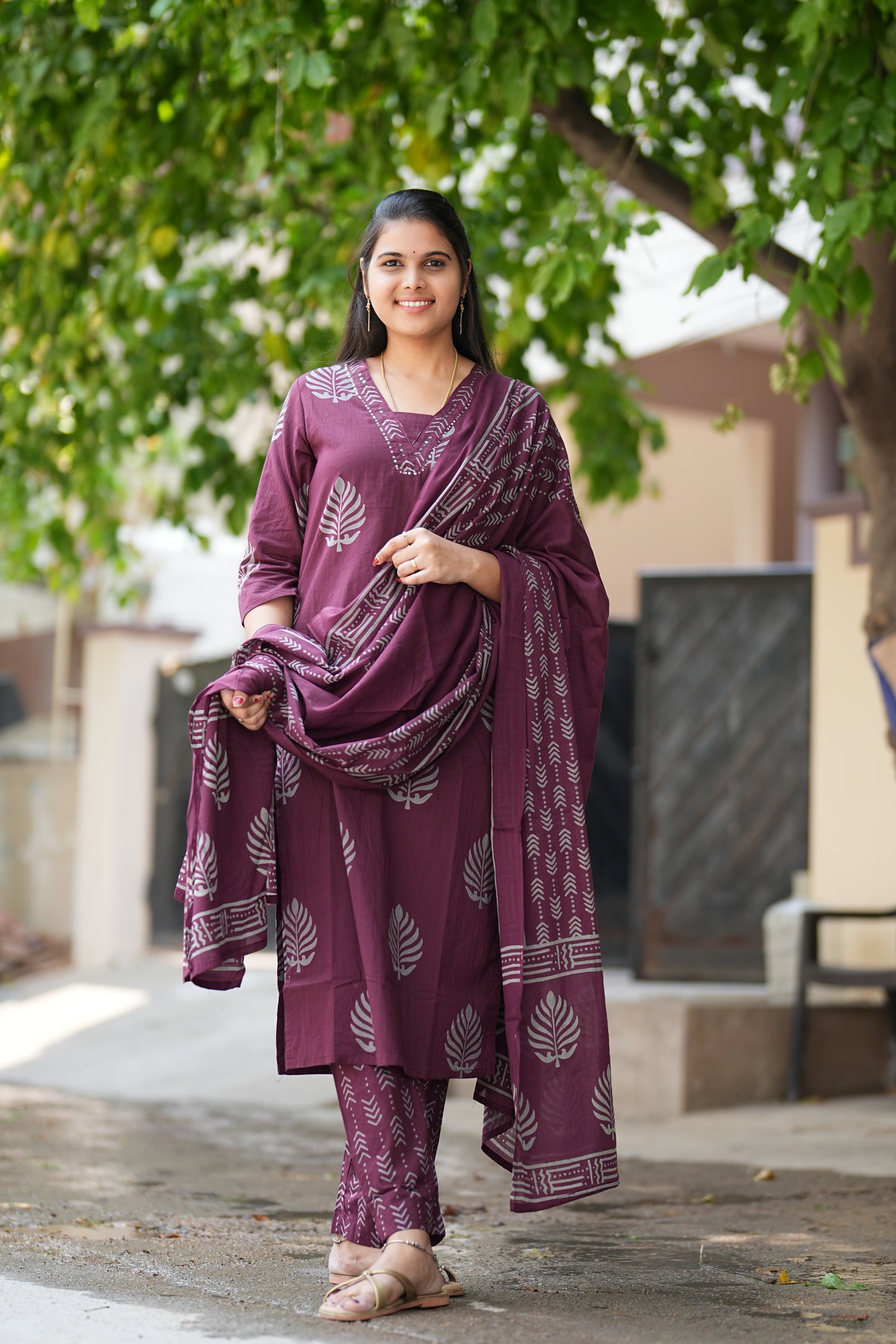 Wine Color Straight Cut V Neck Cotton 3 Piece Set