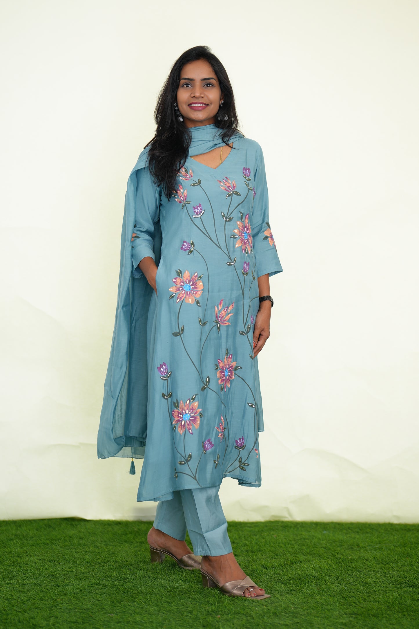 Ice Blue Color Mul chanderi Festive 3 Piece Set With Complete Lining