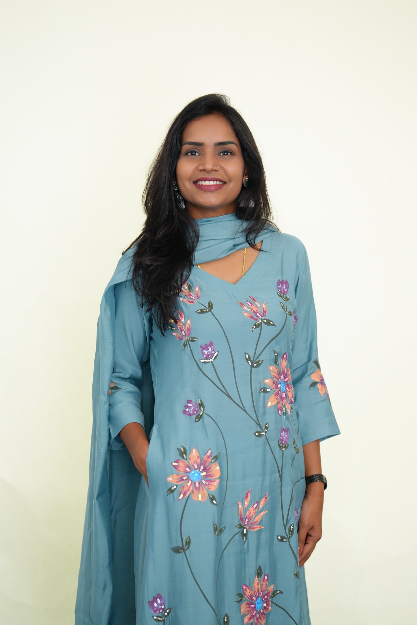 Ice Blue Color Mul chanderi Festive 3 Piece Set With Complete Lining