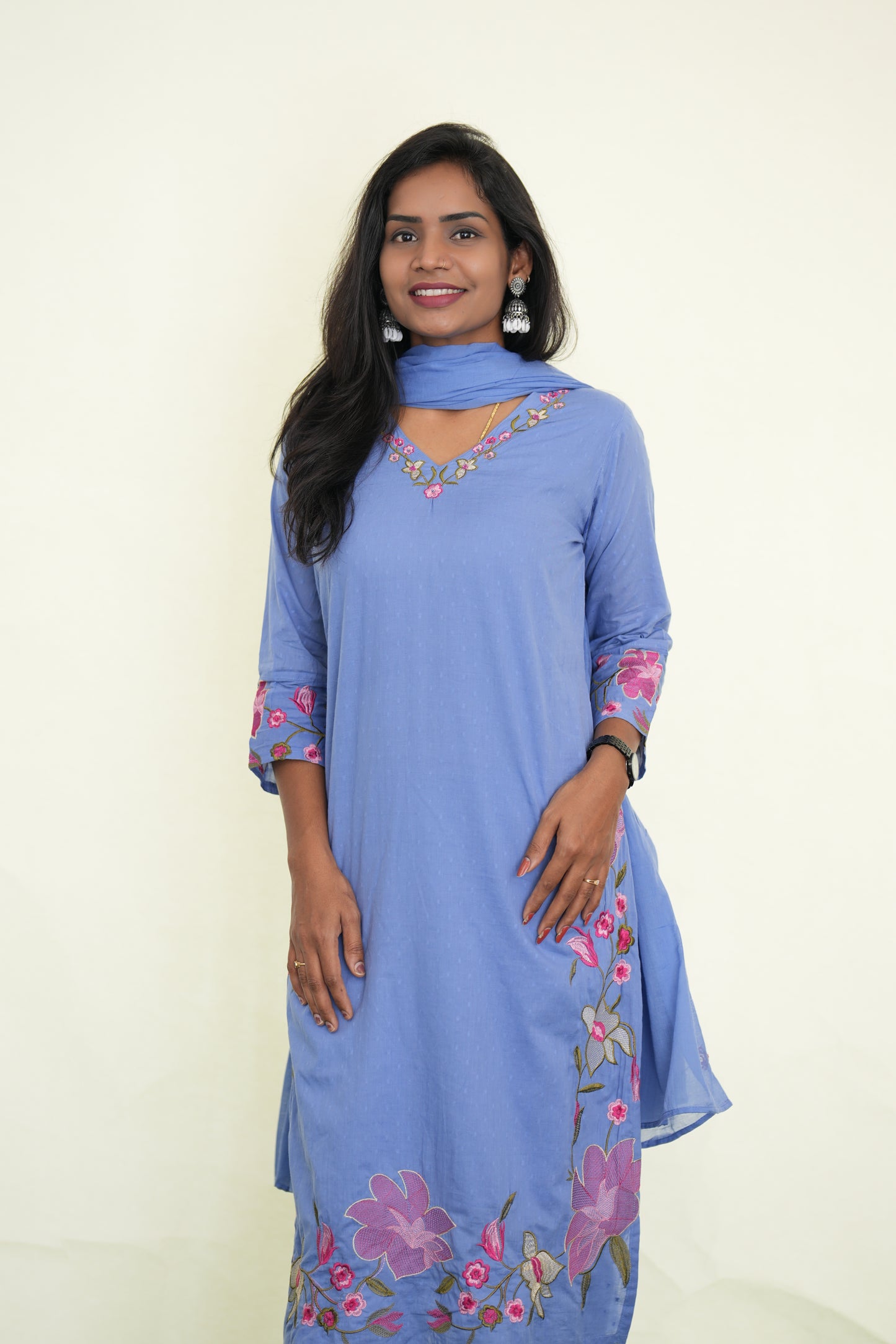 Lavender Mul Cotton 3 Piece Set With Shree ram Buta embroidery Work and Complete Lining