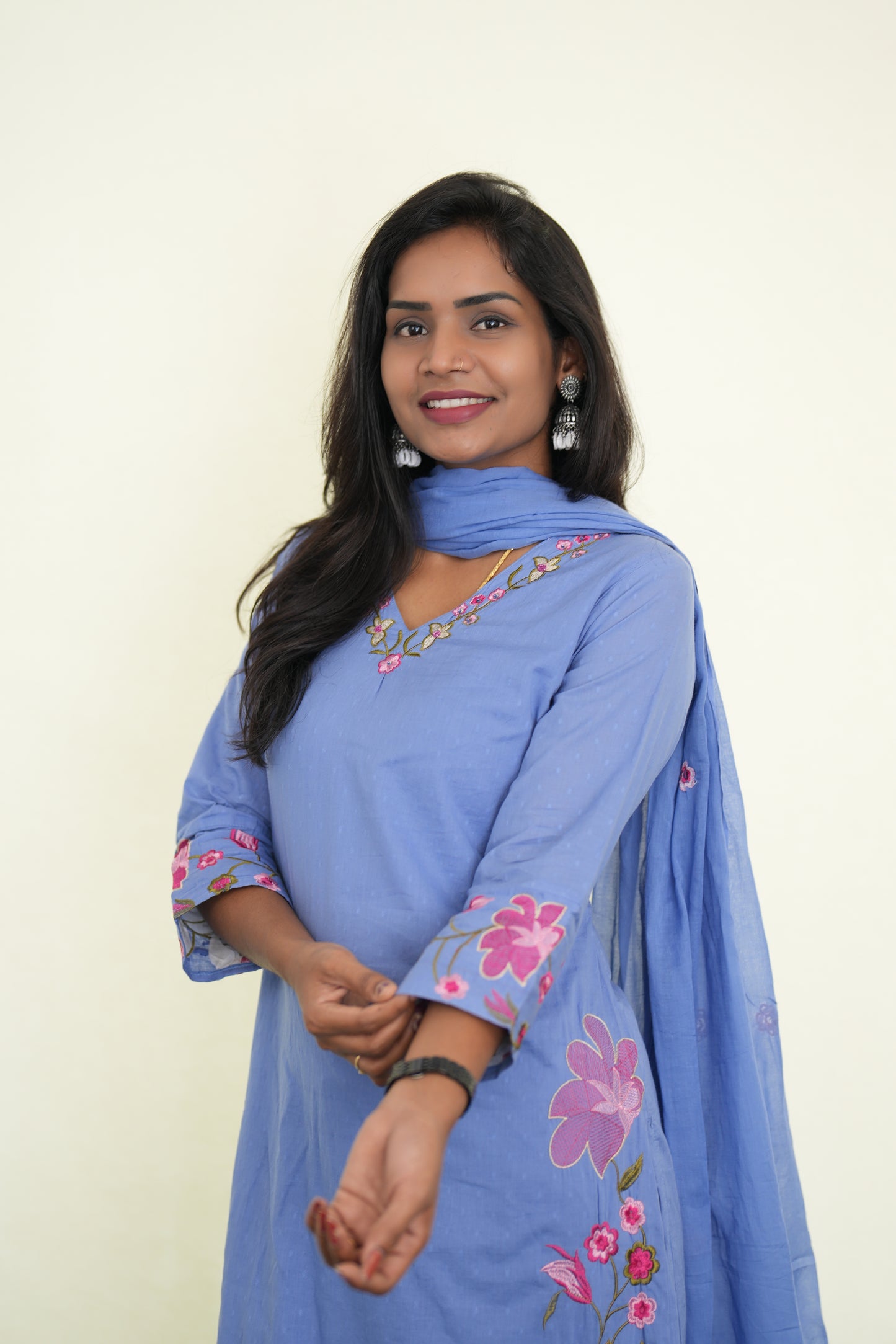 Lavender Mul Cotton 3 Piece Set With Shree ram Buta embroidery Work and Complete Lining