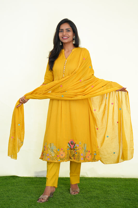 Yellow Color Party Wear 3 Piece Set With Embroidery Work and Complete Lining