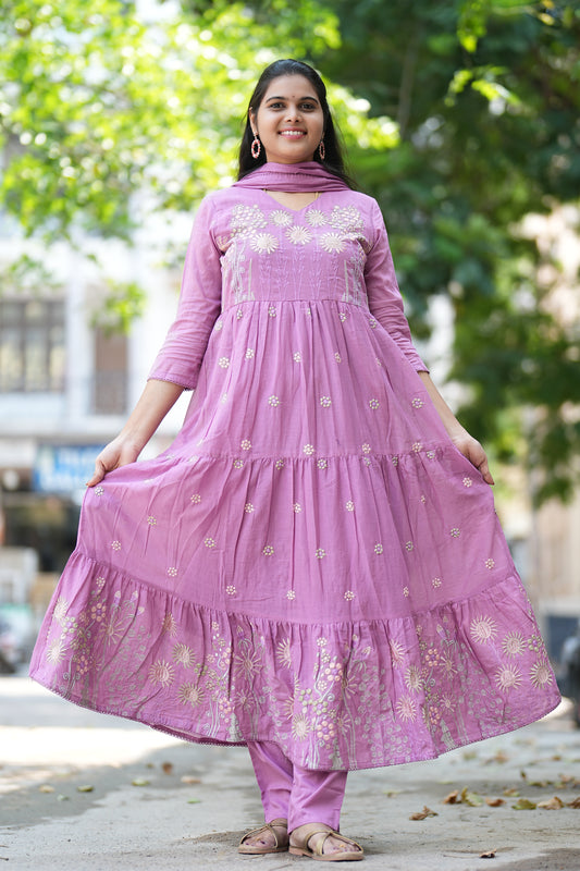 Pure Mul Mul Cotton Purple Color Anarkali 3 Piece Set