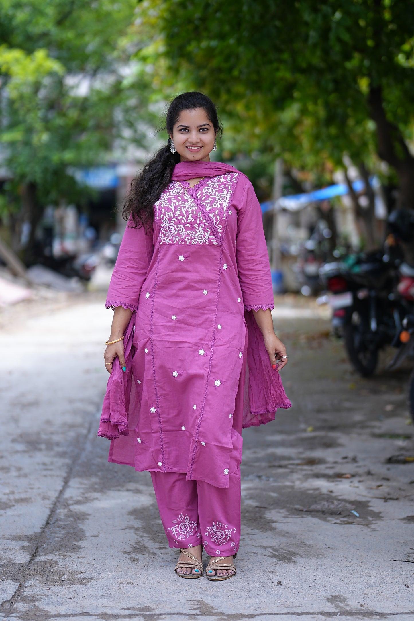 Pink Color Jaipuri Cotton 3 Piece Set With Thread Embroidery Work