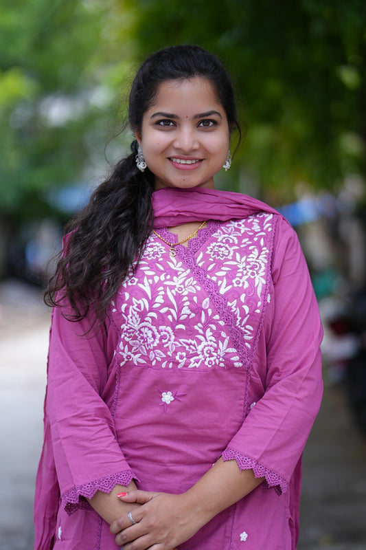 Pink Color Jaipuri Cotton 3 Piece Set With Thread Embroidery Work